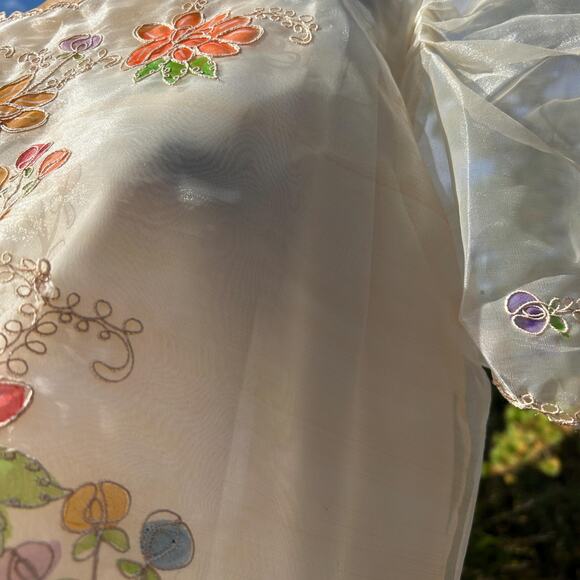 Vintage 70s Sheer Organza Peaked Puff Sleeve "Stained Glass" Boxy Cropped Blouse - Picture 7 of 8